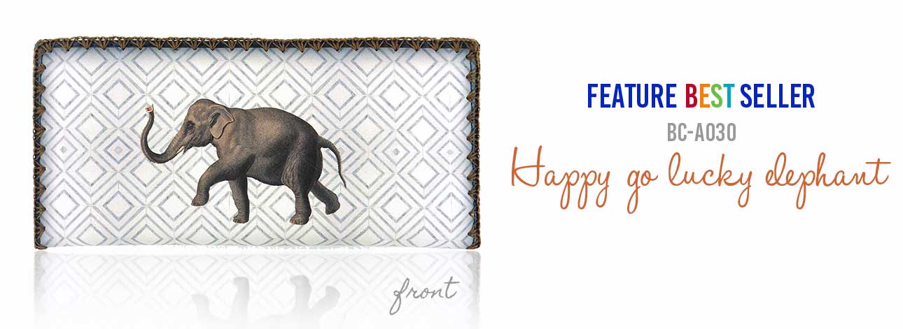 Mlavi Animal collection best selling large flat wallet happy go lucky elephant vintage style illustration print large flat wallet for wholesale & online shopping. Great good luck gift ideas.