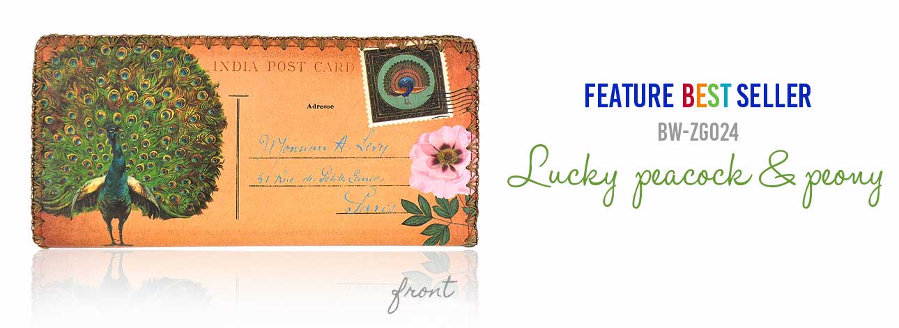 Mlavi Asia collection best selling large flat wallet lucky peacock vintage style illustration print large flat wallet for wholesale & online shopping. Great good luck gift ideas.