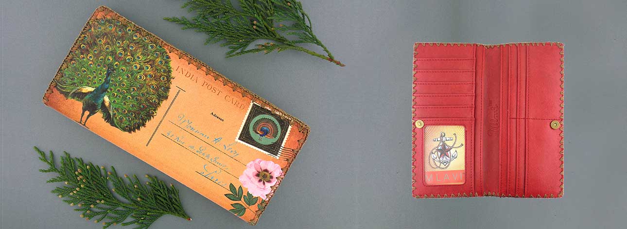Mlavi Asia collection best selling large flat wallet lucky peacock vintage style illustration print large flat wallet for wholesale & online shopping. Great good luck gift ideas.