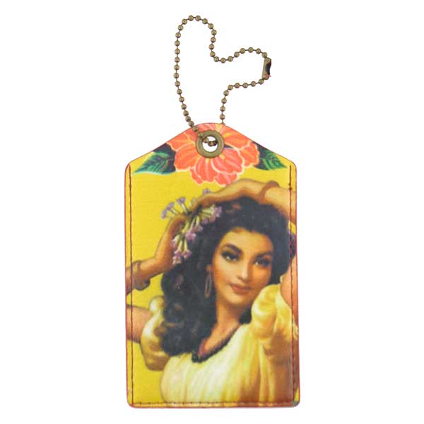 Mlavi Mexico collection vintage style vegan luggage tag with retro Mexican pinup girl illustration print for wholesale and online shopping
