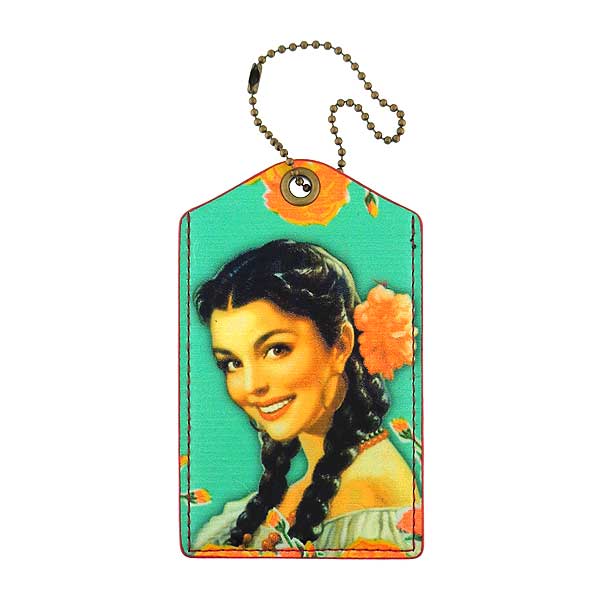 Mlavi Mexico collection vintage style vegan luggage tag with retro Mexican pinup girl illustration print for wholesale and online shopping