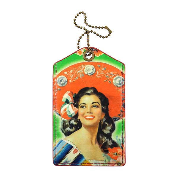 Mlavi Mexico collection vintage style vegan luggage tag with retro Mexican pinup girl illustration print for wholesale and online shopping