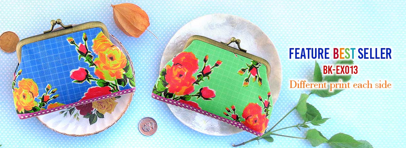 Mlavi design, wholesale, retail whimsical beautiful Mexico themed retro style kiss lock frame coin purses with oilcloth flower prints.